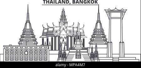 Thailand, Bangkok line skyline vector illustration. Thailand, Bangkok linear cityscape with famous landmarks, city sights, vector landscape.  Stock Vector