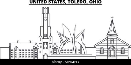 United States, Toledo, Ohio line skyline vector illustration. United States, Toledo, Ohio linear cityscape with famous landmarks, city sights, vector landscape.  Stock Vector