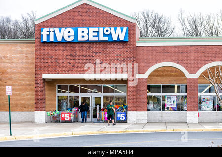 Sterling, USA - April 4, 2018: Five Below store in Fairfax county, Virginia shop exterior entrance with sign, logo, doors discount dollar chain for te Stock Photo