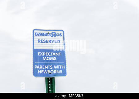 Sterling, USA - April 4, 2018: Babies R US store in Fairfax County, Virginia for children shop parking lot space reserved sign, logo Stock Photo
