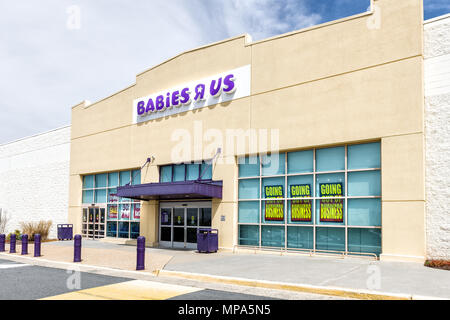 Sterling, USA - April 4, 2018: Babies R US store in Fairfax County, Virginia for children shop exterior entrance with sign, logo, doors, closing going Stock Photo