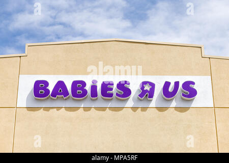 Sterling, USA - April 4, 2018: Babies R US store in Fairfax County, Virginia for children shop exterior entrance with sign, logo, closing going out of Stock Photo