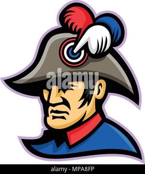 Mascot icon illustration of head of a French emperor, a monarch who is the sovereign ruler of an empire, wearing tricon hat viewed from side on isolat Stock Vector