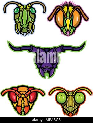 Mascot icon illustration set of heads of insects like grasshopper, cricket or locust, honey bee or bumblebee, long-horned beetle, hornet or wasp and p Stock Vector