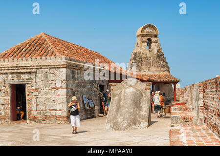 Cartagena, Colombia - March 22, 2017: Tourists visiting Castillo San Felipe de Barajas an iconic fortress.  It is impressive hilltop fortress built in Stock Photo