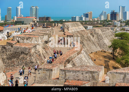 Cartagena, Colombia - March 22, 2017: Tourists visiting Castillo San Felipe de Barajas an iconic fortress.  It is impressive hilltop fortress built in Stock Photo