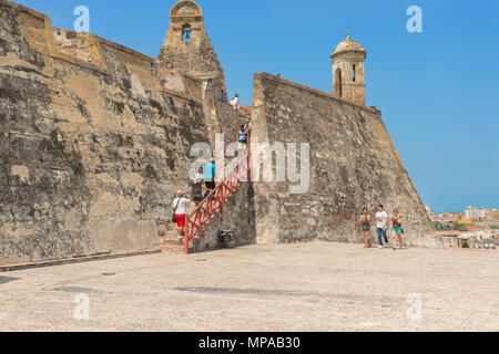 Cartagena, Colombia - March 22, 2017: Tourists visiting Castillo San Felipe de Barajas an iconic fortress.  It is impressive hilltop fortress built in Stock Photo