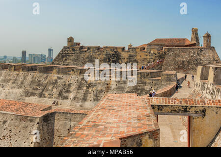 Cartagena, Colombia - March 22, 2017: Tourists visiting Castillo San Felipe de Barajas an iconic fortress.  It is impressive hilltop fortress built in Stock Photo