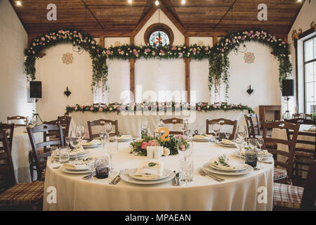 Wedding table for guests before ceremony Stock Photo