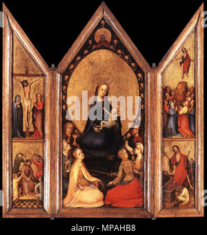Triptych (open) . Left panel: Crucifixion of Christ and Mocking of Christ. Center panel: Madonna and Child surrounded by saints (clockwise starting from the Virgin, John the Baptist, Mary Magdalene, Catherine of Alexandria, Saint Christine, Saint Barbara, John the Evangelist). Right panel: Ascension of Christ and Resurrection of Christ. circa 1410.   871 Master of Saint Veronica - Triptych (open) - WGA14489 Stock Photo