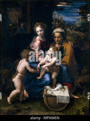 The Holy Family (Prado) .  Português: La Perla, Rafael e ateliê. Museu do Prado, Madrid. . circa 1518.   1037 Rafael - La Perla Stock Photo