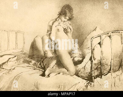 . Mihály Zichy: (making love) . published around 1911.   Mihály Zichy  (1827–1906)     Alternative names English: Mihály Zichy Magyar: Zichy Mihály Deutsch: Michael von Zichy Русский: Михаил Александрович Зичи  Description Hungarian painter  Date of birth/death 15 October 1827 28 February 1906  Location of birth/death Zala Saint Petersburg  Work location Russia; Saint Petersburg; Vienna; Paris; Budapest  Authority control  : Q742959 VIAF: 59356468 ISNI: 0000 0000 8138 8561 ULAN: 500024109 LCCN: n50077586 WGA: ZICHY, Mihály WorldCat 888 Michael Zichy - Liebe Stock Photo