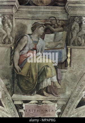 Erythrean sybil .  Deutsch: Deckenfresko zur Schöpfungsgeschichte in der Sixtinischen Kapelle, Szene in Lünette des dritten Jochs . between 1508 and 1512.   889 Michelangelo Buonarroti 033 Stock Photo