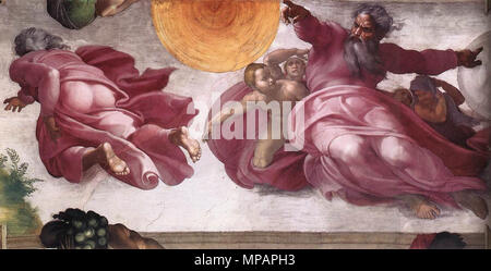 English: Creation of the Sun, Moon, and Plants   1511.   890 Michelangelo, Creation of the Sun, Moon, and Plants 01 Stock Photo