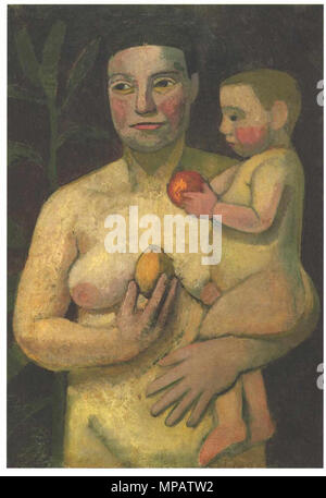 Mother and child .  Deutsch: Die von vorn gesehene nackte Frau steht, das Kind im linken Arm haltend, aufrecht, eine Zitrone in der Hand; das Kind hält eine Apfelsine. . 1907.   898 Modersohn-Becker - Mutter und Kind Stock Photo