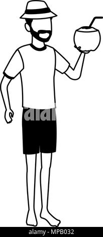 Young man with coconut cocktail in black and white Stock Vector