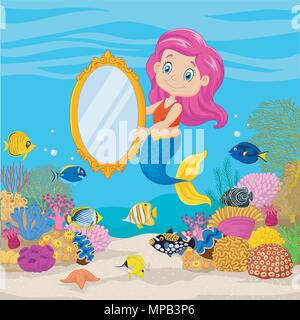 Cute mermaid holding a classic mirror in underwater background Stock Vector