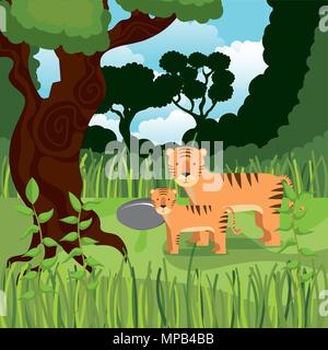 wild animals in the jungle scene Stock Vector
