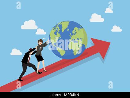 Business people pushing the world on graph up. Business concept Stock Vector