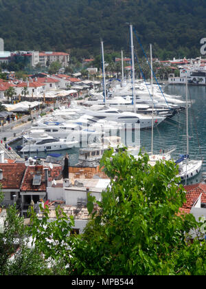 View of Marmaris marina from the Castle bar viewing terrace, Marmaris, Mugla province, Turkey Stock Photo