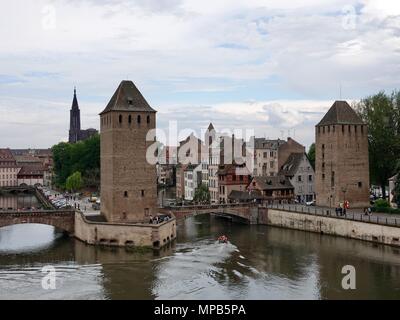 Brick towers along the Ill River, remaining parts of the old fortifications, Strasbourg, France Stock Photo
