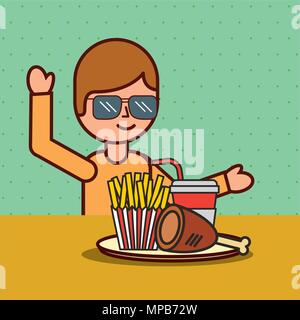 boy cartoon eating french fries chicken and soda Stock Vector