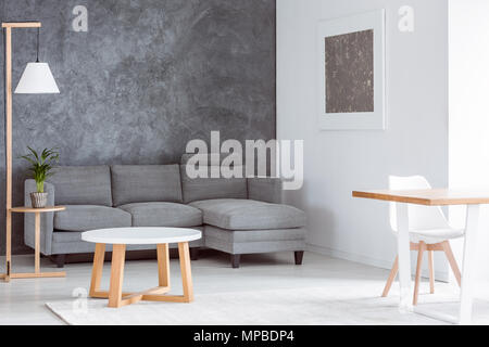 Plant on wooden stool and lamp in multifunctional living room with coffee table, grey couch and dining table Stock Photo