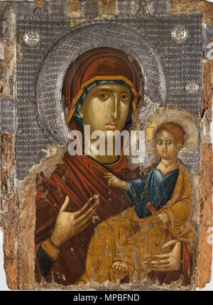 English: Theotokos the Hodegetria. Русский: Богородица Одигитрия. Српски / srpski: Богородица Одигитрија. .  English: The icon forms a pair with another icon, Annunciation to the Blessed Virgin Mary. Русский: Икона является частью двойной иконы, вторая часть диптиха – икона «Благовещение Пресвятой Богородицы». . 14th century.   1186 Theotokos Hodegetria 14th c Serbia Stock Photo