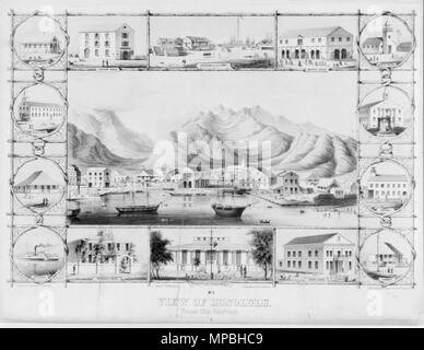 English: No. 1. View of Honolulu. From the harbor. .  English: A drawing of views of (clockwise from top left) the Royal School, Custom House, interior of the Fort, market house, charity school, stone church, 'Bethel' (Bethel Church?), armory, court house, palace of King Kamehameha III, Honolulu House, the steamer Akamai, the native church, and the Catholic church. Warren Goodale (1897). 'Honolulu in 1853'. Papers of the Hawaiian Historical Society. Hawaiian Historical Society.  . circa 1853..   932 No. 1. View of Honolulu. From the harbor. (copy negative version) Stock Photo