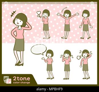 2tone type Straight bangs hair blouse woman set 3 Stock Vector