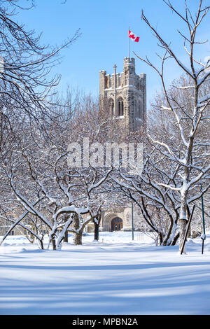 University of Western Ontario, University College Building at Western University after a heavy winter snowfall, London, Ontario, Canada. Stock Photo
