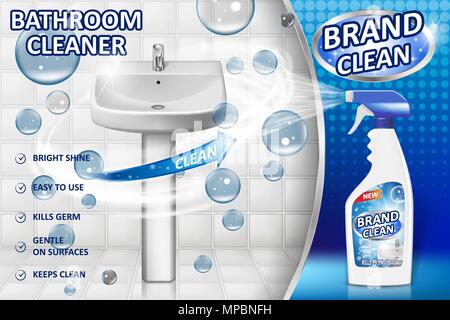 Bathroom cleaners ad poster, spray bottle mockup with liquid detergent for bathroom sink and toilet with bubbles and white background. 3d Vector illustration Stock Vector