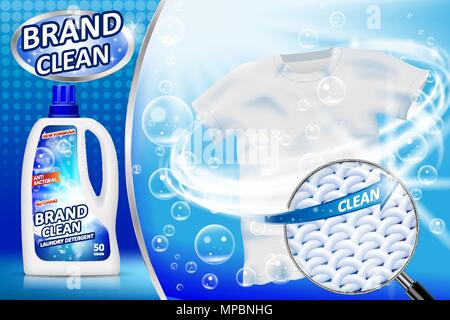 Laundry detergent ad poster. Stain remover package design for advertising with soap bubbles and closeup fiber structure. Washing detergent banner with clean shirt. Vector illustration Stock Vector