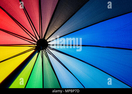 Bottom view of Rainbow umbrella texture background. Summer holiday and vacation concept. Stock Photo
