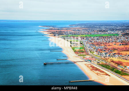 Aerial view from helicopter to Long Island in New York, USA. It is the westernmost residential and commercial neighborhood of the New York City boroug Stock Photo