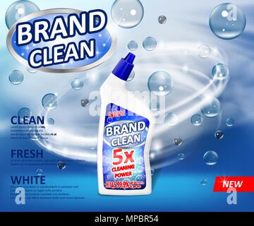 Realistic plastic cleaner container Advertising poster. Liquid detergent with soap bubbles and swirl on blue background. Cleaner for bathroom and toilet. 3d Vector illustration Stock Vector