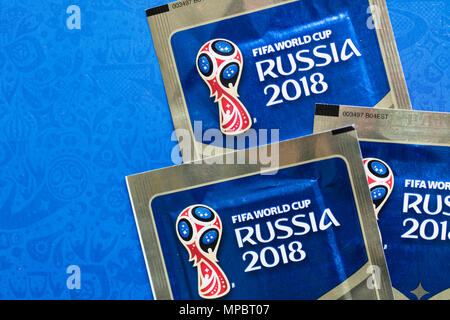 LONDON, UK - CIRCA MAY 2018: Close up of official World Cup 2018 Panini official sticker packs Stock Photo