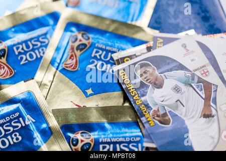 LONDON, UK - CIRCA MAY 2018: Close up of official World Cup 2018 Panini official sticker packs Stock Photo