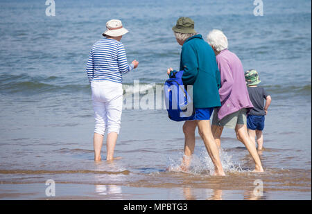 Elderly couple paddling in the sea. England. UK