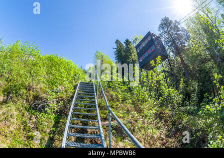 Command tower of ski jumping hill in Linderud Skiarena, Oslo, Norway. Stock Photo