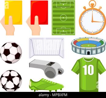 Colorful cartoon soccer championship 11 elements set. Stock Vector