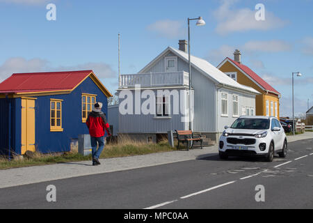 Quaint old colourful village houses in Eyrarbakki, Iceland. 21st May, 2018. South Iceland Weather. The spring sunshine highlights the old village houses.  Credit; ConradElias/AlamyLiveNews. Stock Photo