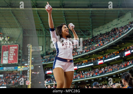 May 19, 2018: An Astros Shooting Star team member performs during a Major  League Baseball game between the Houston Astros and the Cleveland Indians  at Minute Maid Park in Houston, TX. Cleveland