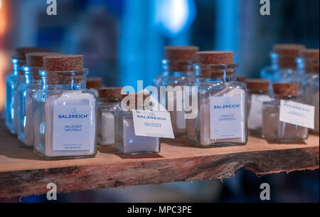 27 April 2018, Germany, Trinwillershagen: Various salts and salt mixes standing in the shop of the Salzreich. With its three-story salt tower and the six-metre high graduation tower, the Salzreich offers salt therapies, singing bowl massages, and healing applications for the upper respiratory tract, and provides information on everything salt-related. A total of 35 tons of salt blocks from Pakistan were processed over the course of the past few years. Photo: Jens Büttner/dpa-Zentralbild/ZB Stock Photo