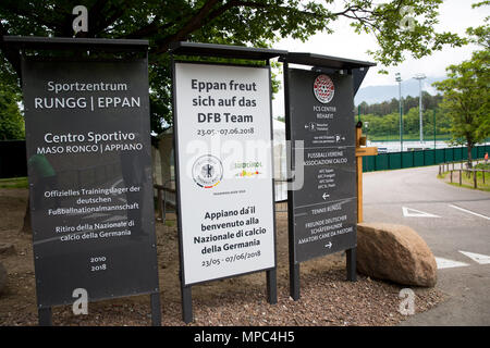 22 May 2018, Italy, Eppan: Information and welcome signs outside the training grounds at the sport centre Rungg. The German soccer national team will prepare for the World Cup 2018 in Russia at their training camp near Bozen from 23 May to 07 June 2018. Photo: Christian Charisius/dpa Stock Photo
