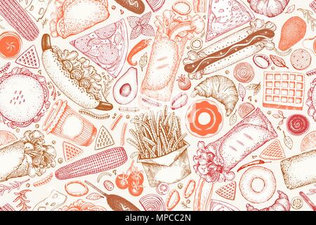 Fast food hand drawn vector seamless pattern. Street food background design template. Can be use for fast food restaurant or cafe menu or packaging design. Stock Vector
