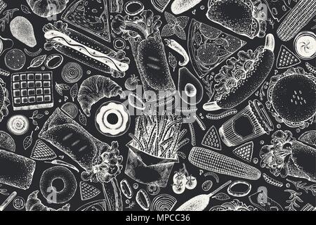 Fast food hand drawn vector seamless pattern. Street food background design template. Can be use for fast food restaurant or cafe menu or packaging design. Stock Vector