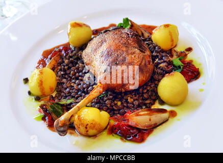 duck leg with lentils in a white plate Stock Photo