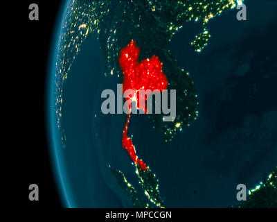 Thailand from orbit of planet Earth at night with highly detailed surface textures. 3D illustration. Elements of this image furnished by NASA. Stock Photo