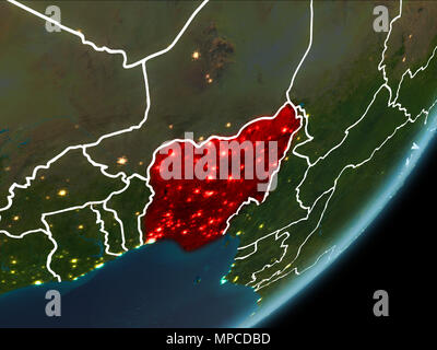 Nigeria as seen from Earth’s orbit on planet Earth at night highlighted in red with visible borders and city lights. 3D illustration. Elements of this Stock Photo